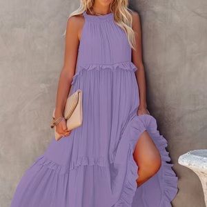 Lavender Tiered Ankle Tank Dress, Casual Backless Halter Neck Dress. Size Large